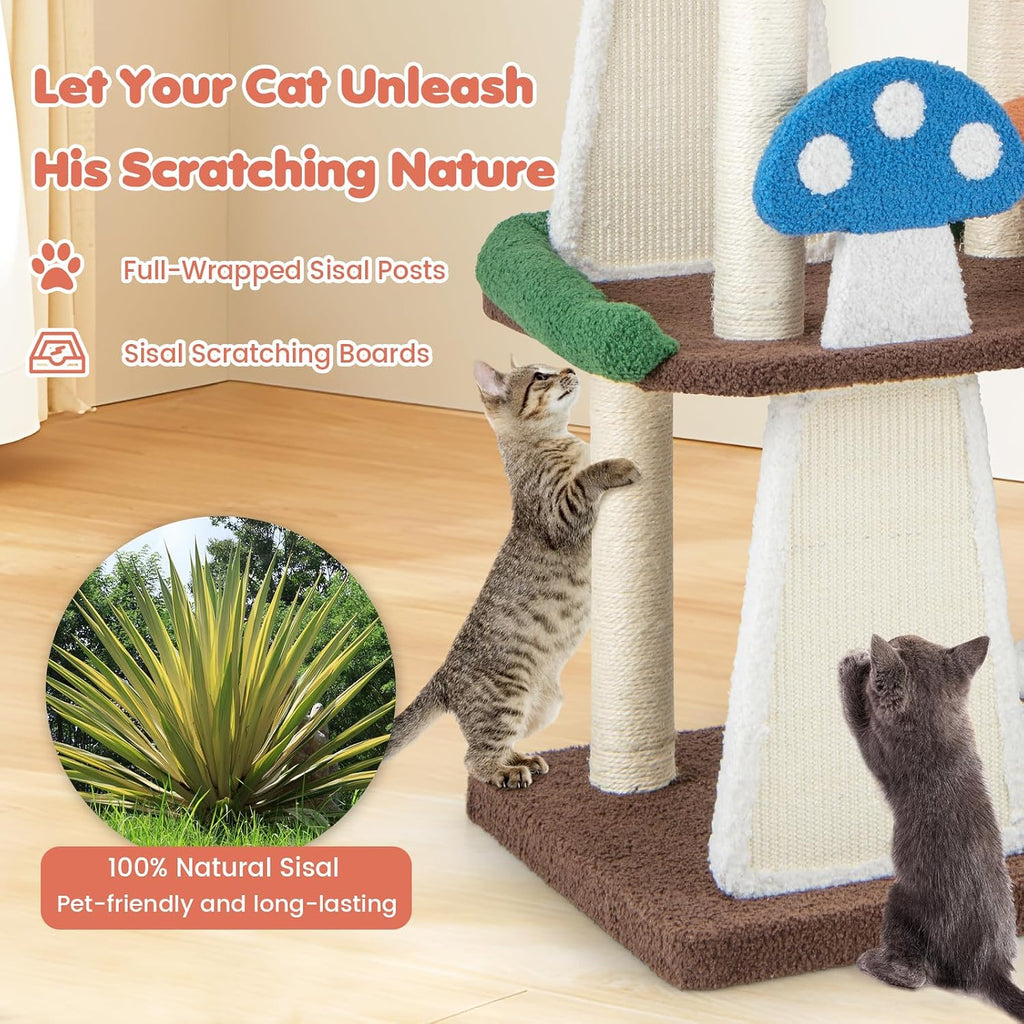 Mushroom Cat Tree, Multi-Level Cute Cat Tower with Full-Wrapped Sisal Posts, Scratching Boards & Interactive Balls, 2