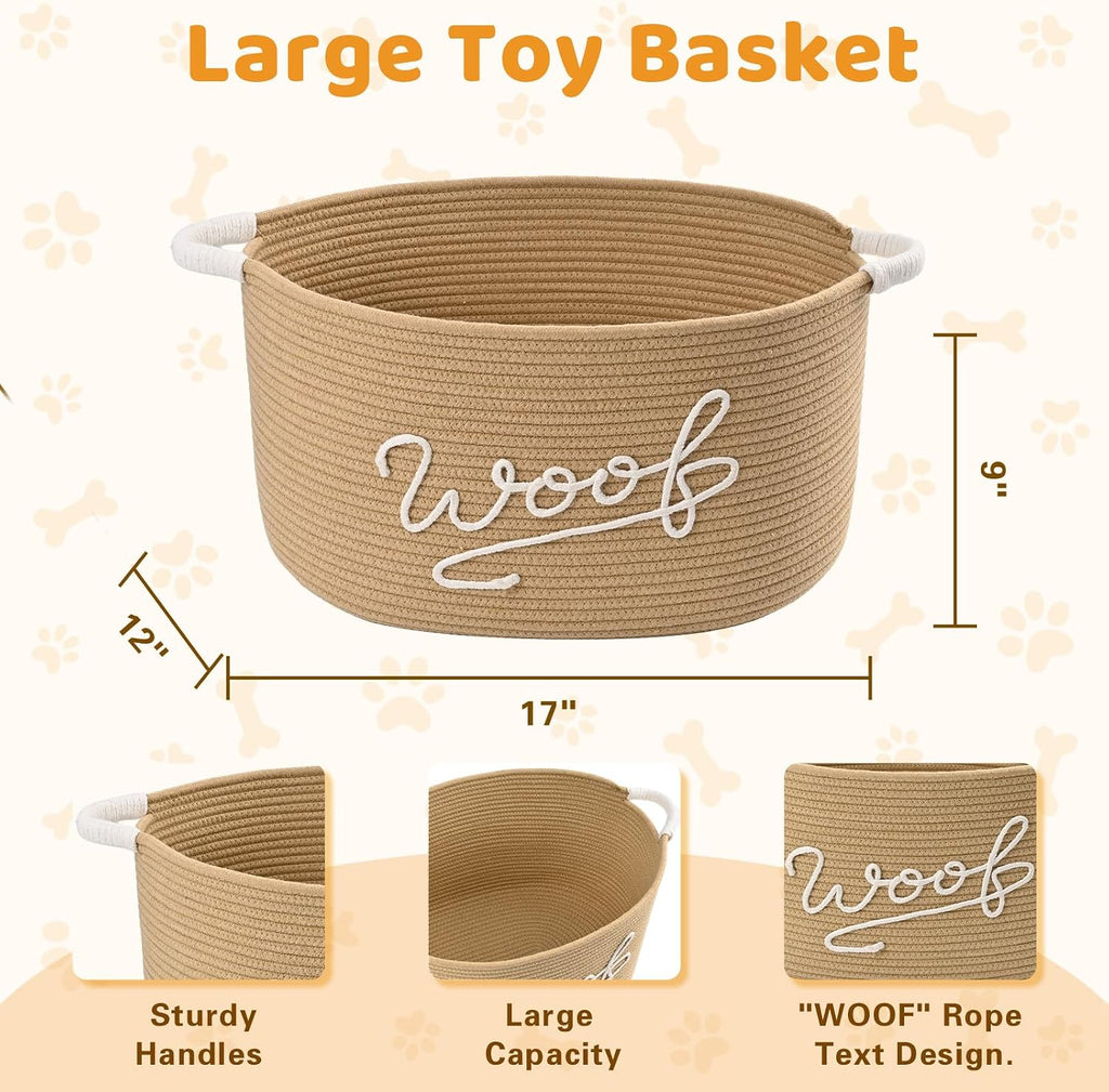 Woof Dog Toy Basket, Large Dog Toy Storage Bin with Durable Handles, Woven Dog Basket for Blankets, Toys, Chews, Pet