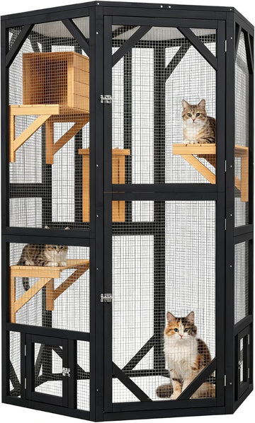 69.3 Inch Catio Outdoor Cat Enclosure, Hexagonal Tall Wooden Cat Catio
