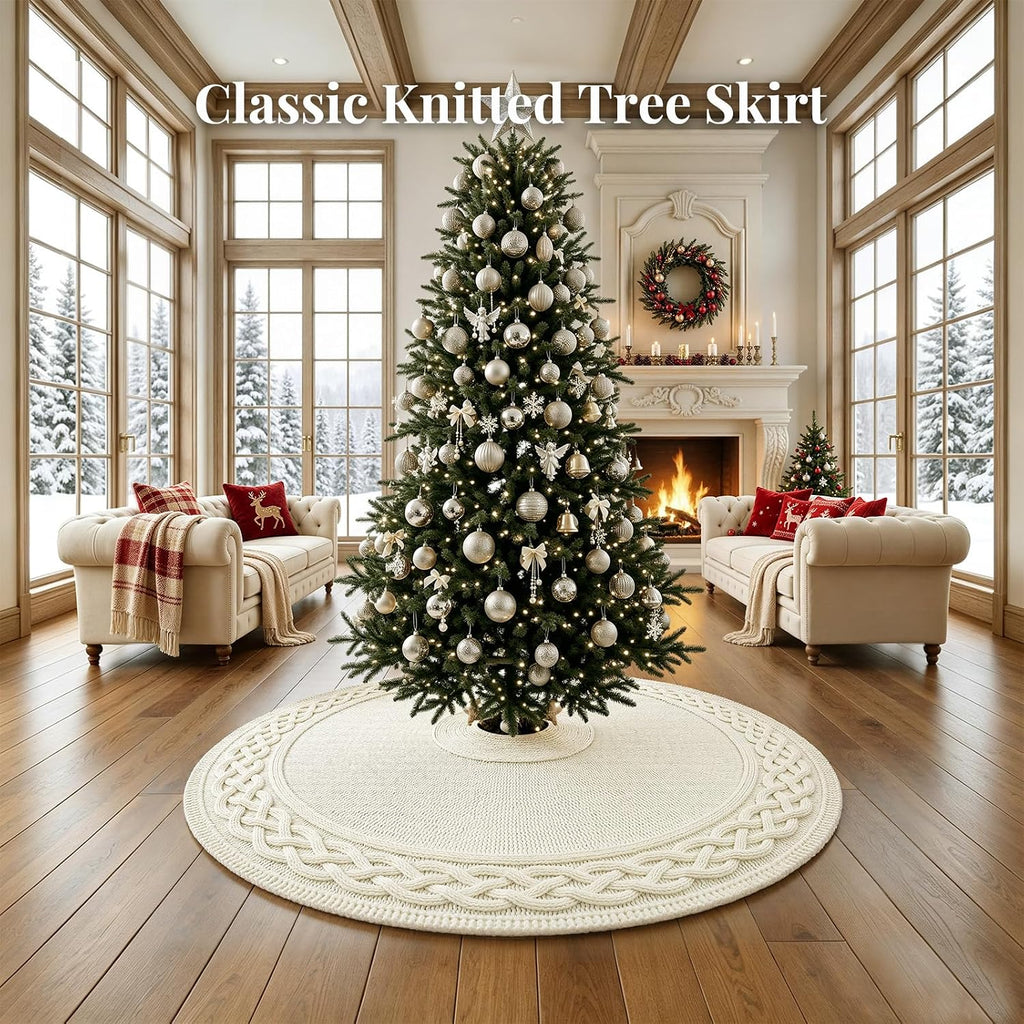 48 Inch Christmas Tree Skirt, Large Chunky Knitted Tree Skirt with Bow Tie Closure, Cream Vintage Tree Skirts for 7 &