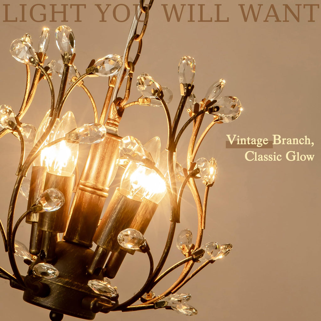 Vintage 5 Light Crystal Chandelier, Aged Bronze Tree Branch