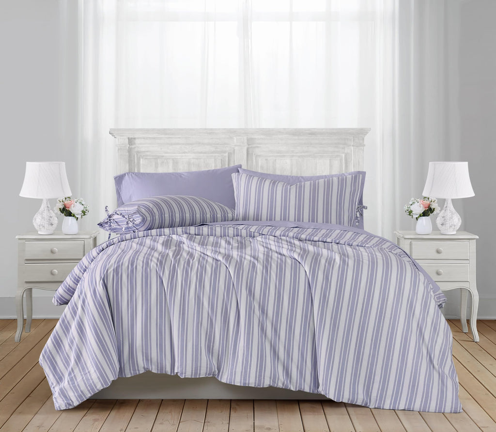 Wide Ticking Stripe Lavender 3 Piece Duvet Set