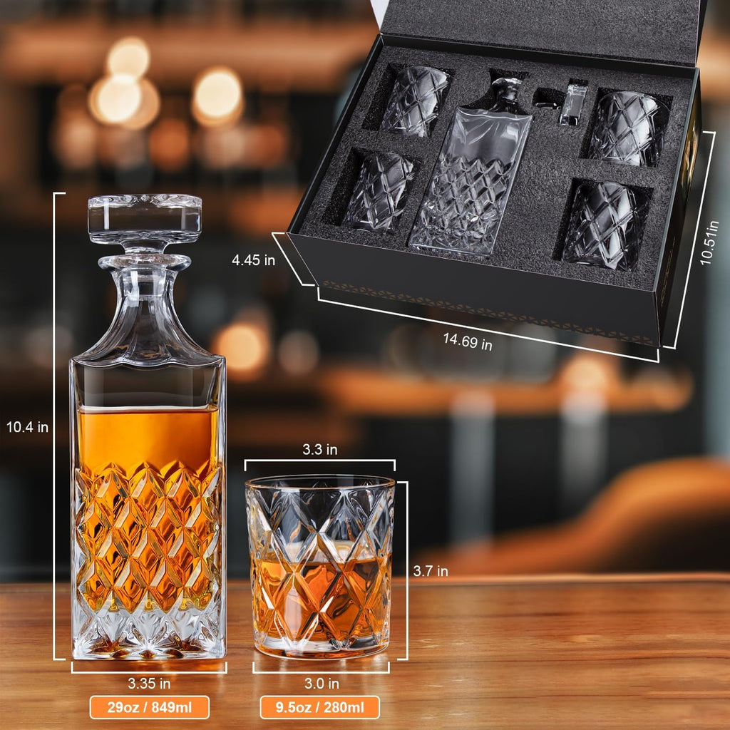 Whiskey Decanter Set, Italian Crystal Decanter with 4 Whiskey Glasses in Gift Box - Bourbon Decanter for Scotch - Set of 5