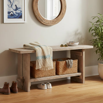 Bethel Rustic Solid Wood Entryway Bench with Shelf, Driftwood