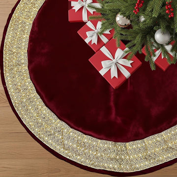 72 inch Christmas Tree Skirt, Extra Large Velvet Red Tree Skirt with Gold Glitter Trim, Rustic Vintage Xmas Tree