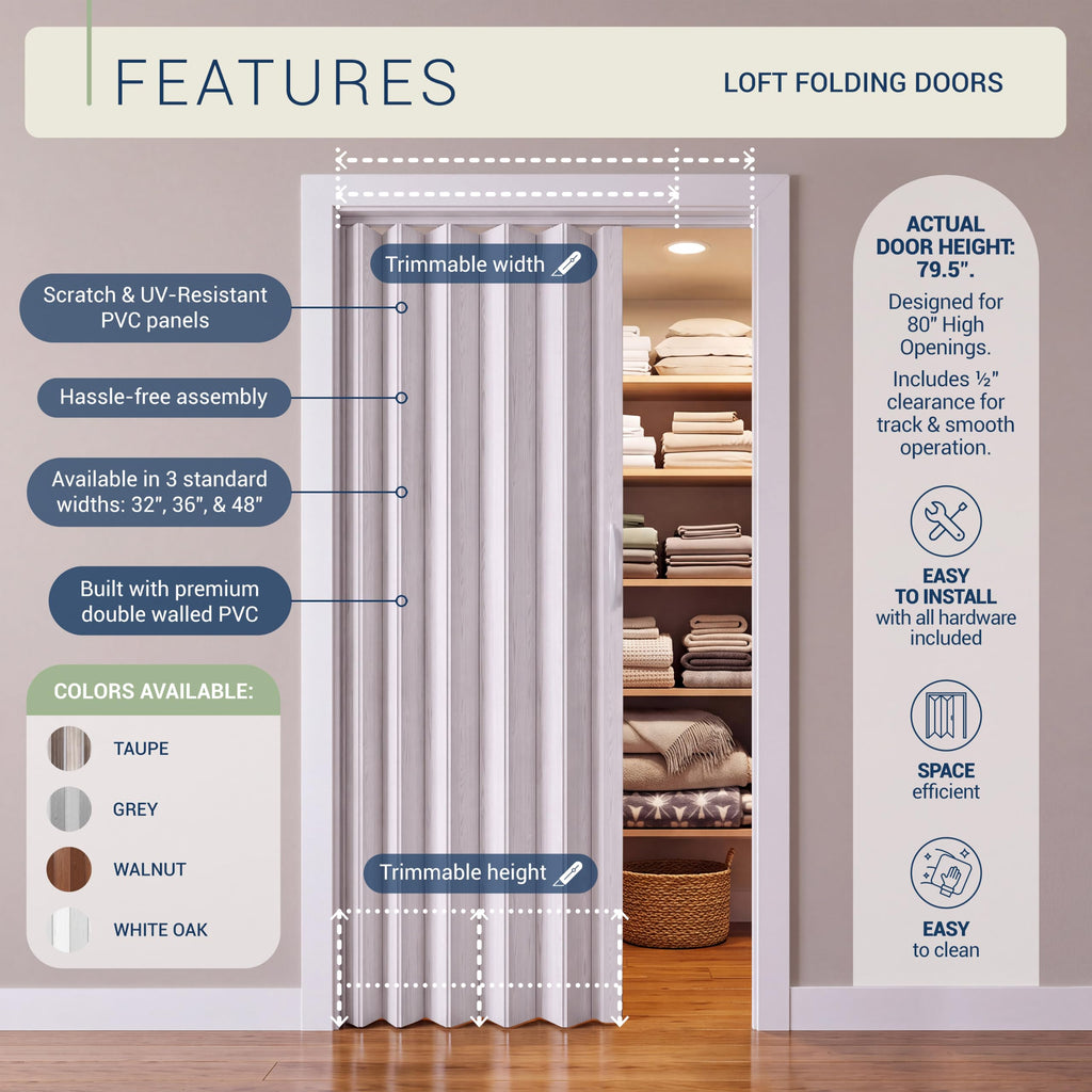 36" x 80" Premium Foldable Accordion Doors, Heavy Duty, White Oak