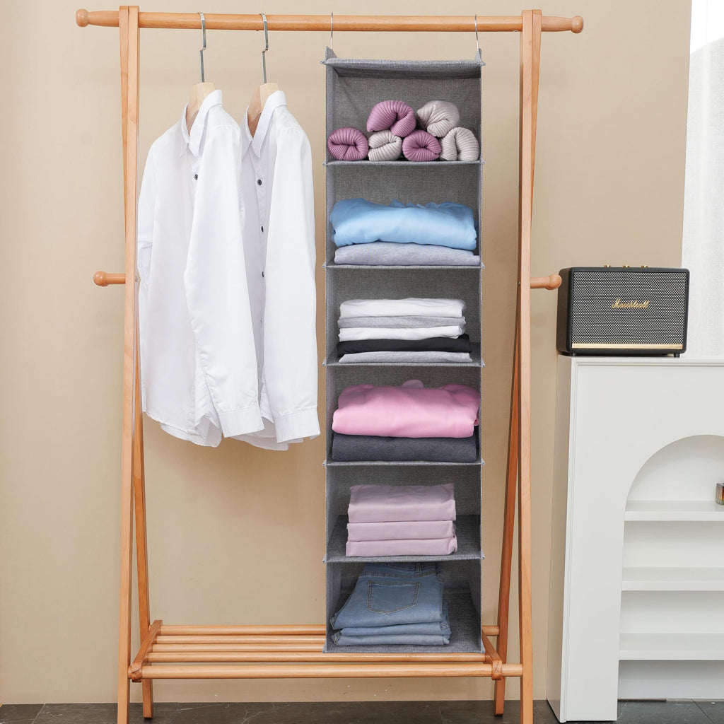 Large Hanging Sweater Organizer for Closet,Collapsible 6-Shelf Hanging Closet Shelves with Drawers, Washable (Grey-6