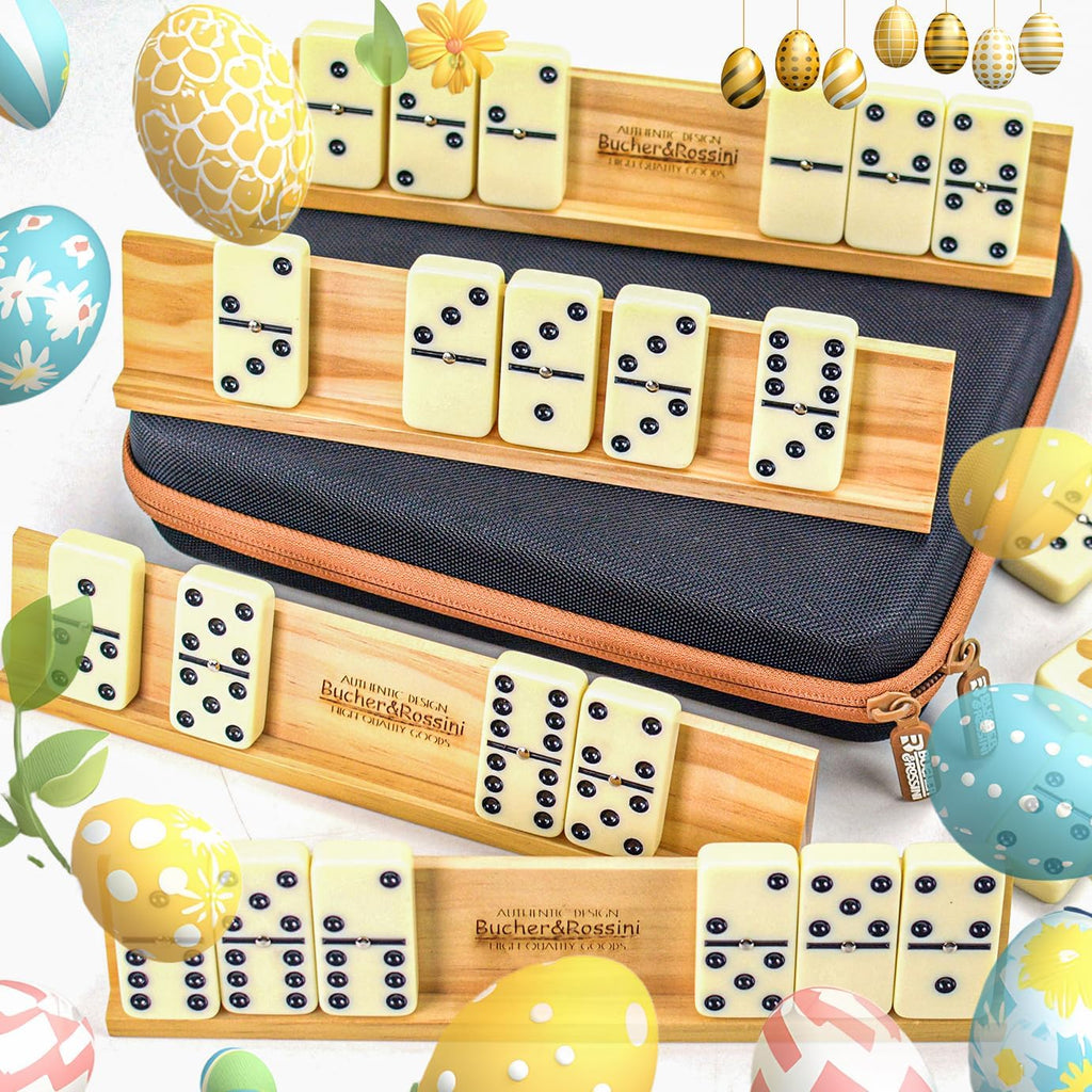 Dominos Set for Adults with 4 Domino Racks Double Six Dominoes Set in Portable Case with 4 Wooden Domino Holders - Set of 4