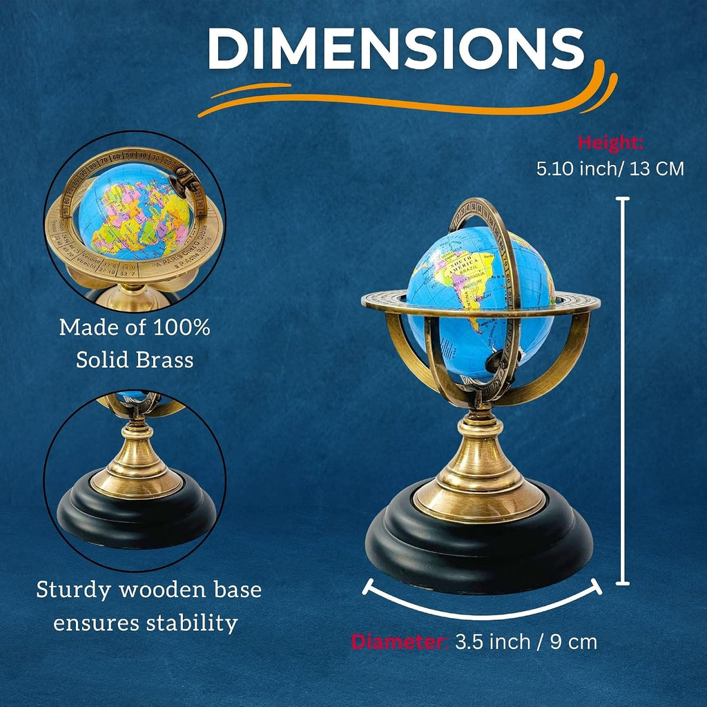 5.10" Nautical Brass Armillary Sphere World Globe with Aqua Blue Map, Jet Black Wooden Base - Elegant, Durable Decor