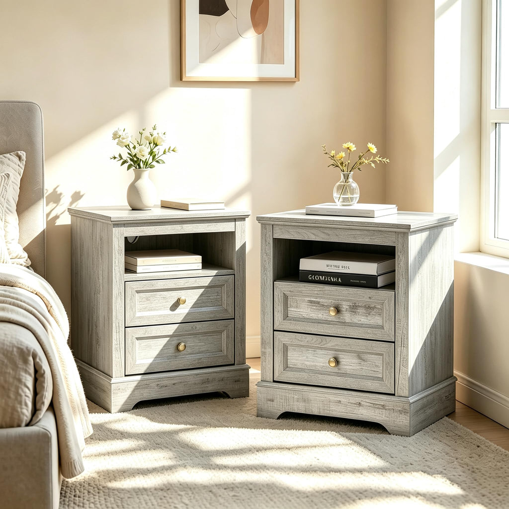 Farmhouse Bedroom Set, 3 Pcs and Nightstand Sets, 5 Drawer & 2 Drawer Nightstand Set with Charging Station, Rustic