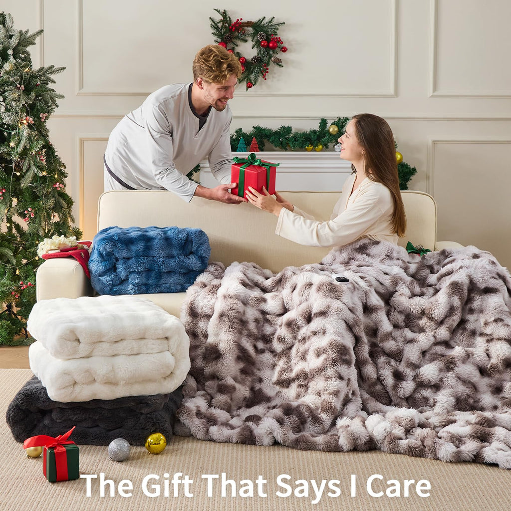 Fluffy Faux Fur Heated Blanket King Size, Tie-dye Blue, 90"x100"