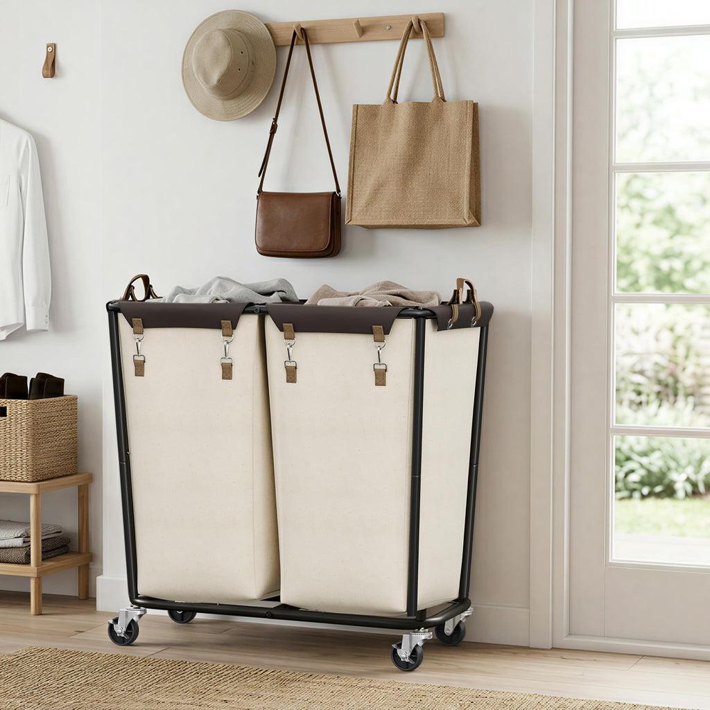 2 Section Laundry Hamper with Wheels, 280L Beige Sorter Cart