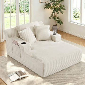66"Oversized Chaise Lounge Chair Indoor with Cup Holders, Beige