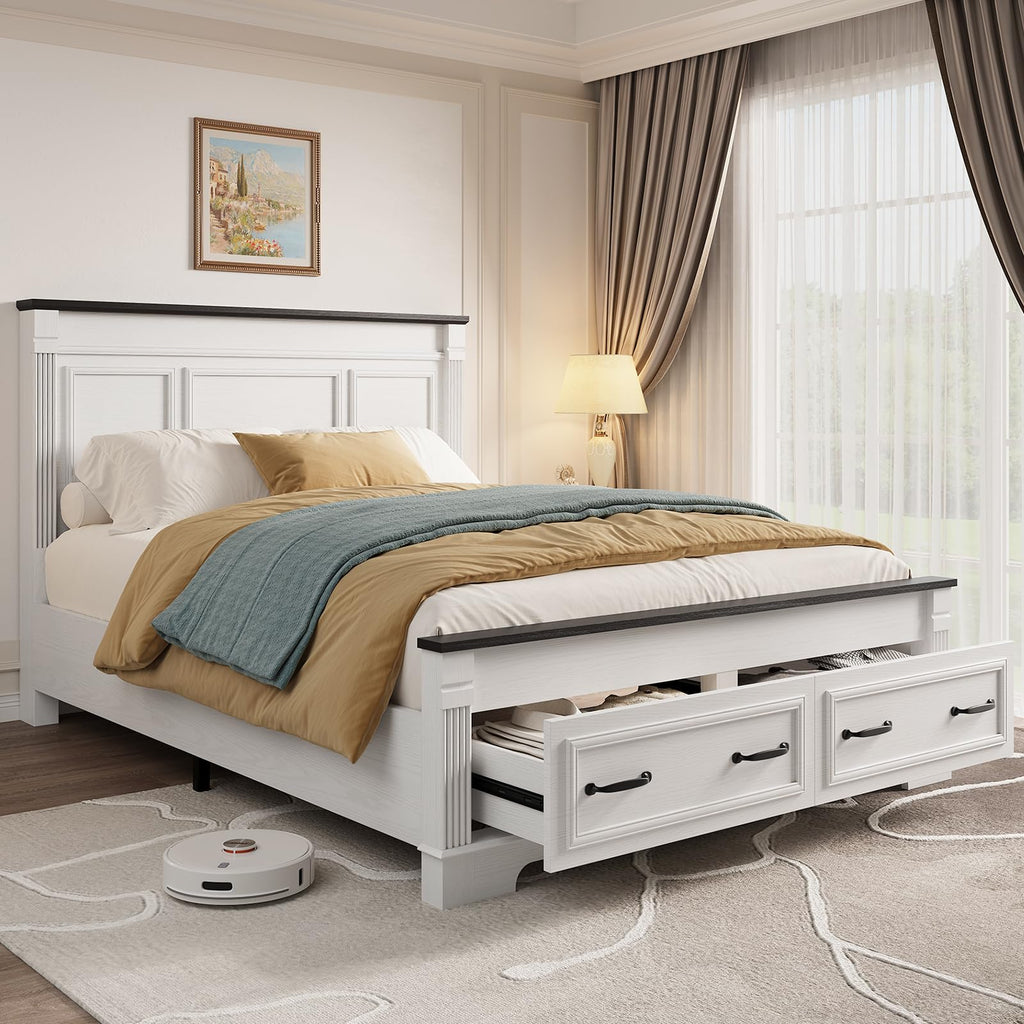 Farmhouse Bed Frame with Storage Drawers Headboard Footboard