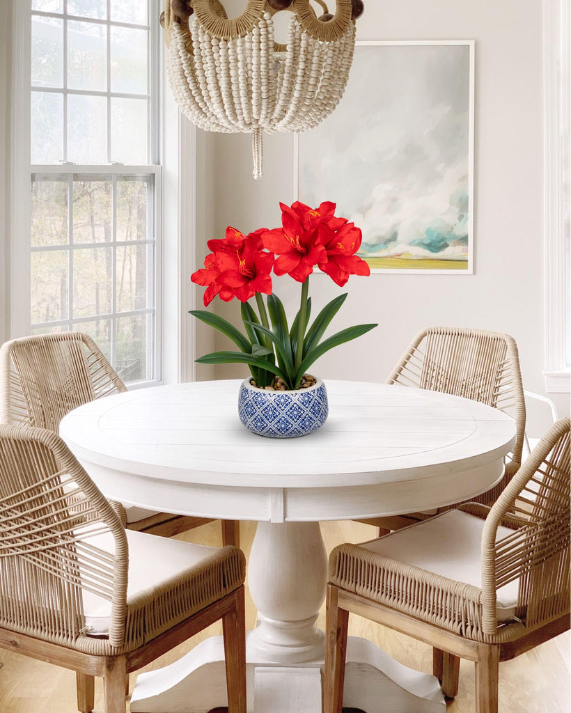 Red Artificial Amaryllis in Blue and White Ceramic Pot, 18.5 in