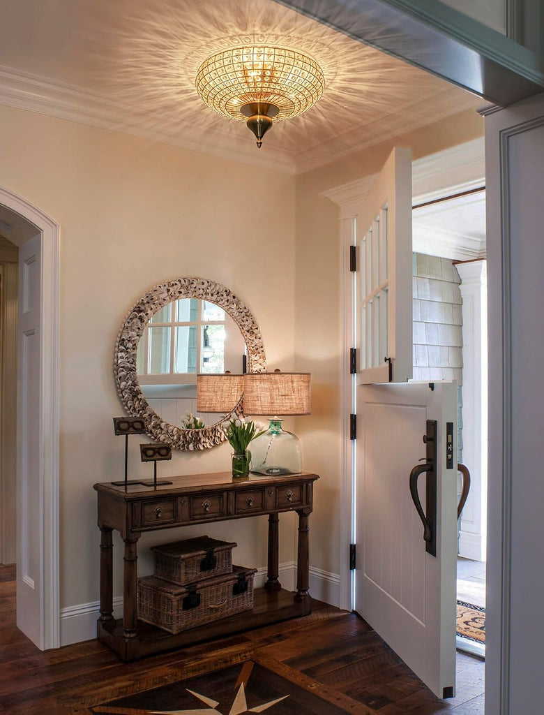 3-Light Vintage Crystal Ceiling Light Semi-Sphere Brass Chandelier with Handcut Beads,16" Antique Crystal Flush Mount