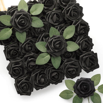50Pcs Black Roses Artificial Flowers, Fake Roses for Halloween Decorations, Real Touch Foam Rose Bulk with Stem