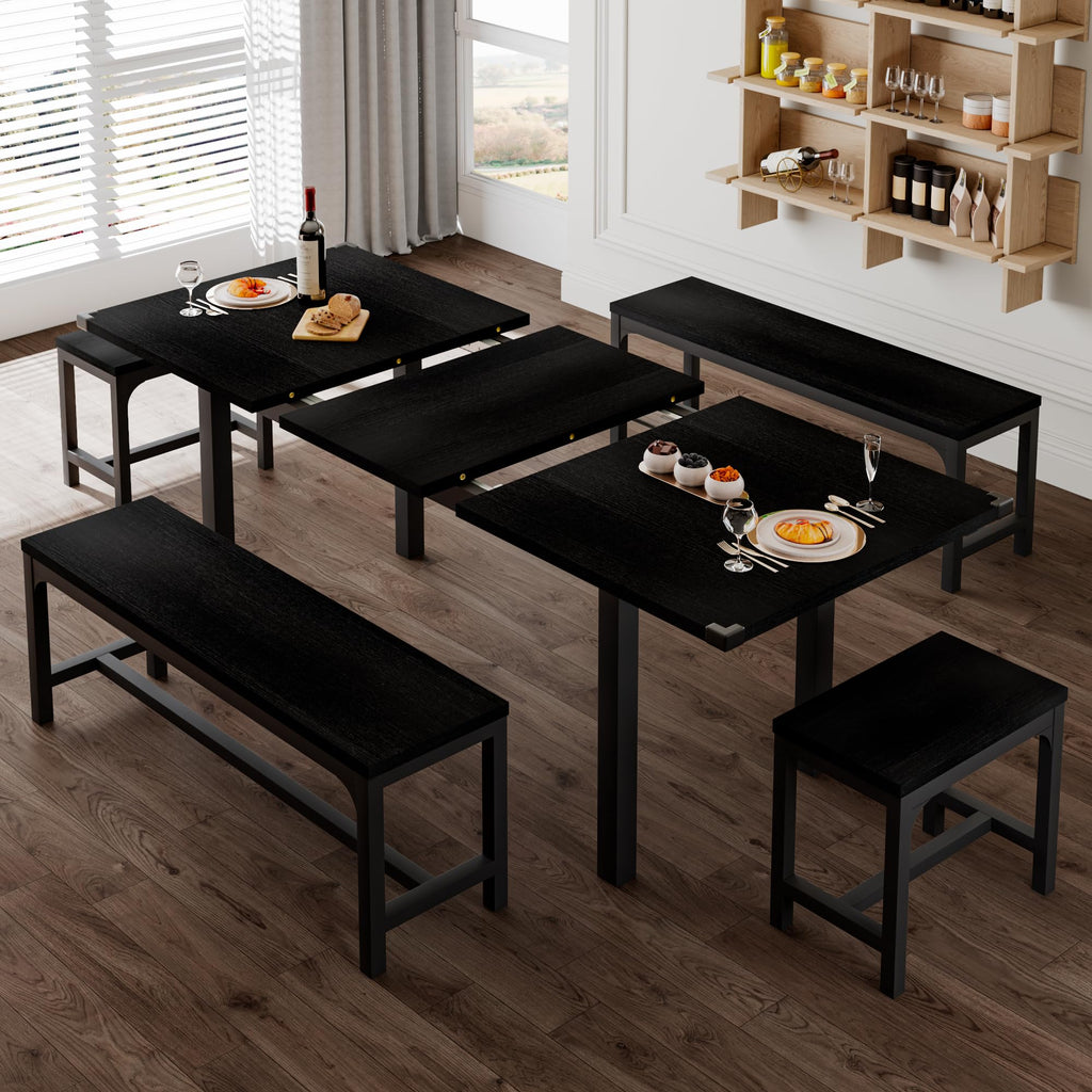 5-Piece Dining Table Set for 4-8 People, 63" Large Extendable Kitchen Table Set with 2 Benches and 2 Square Stools
