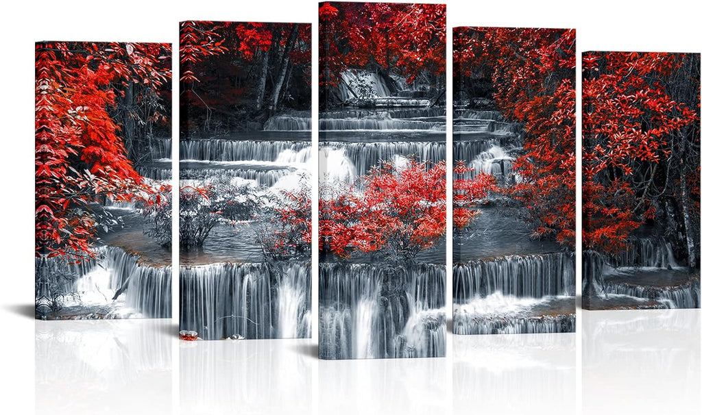 5 Pieces Large Black and Red Canvas Wall Art Waterfall Nature Landscape Picture Print, Living Room Office Decoration