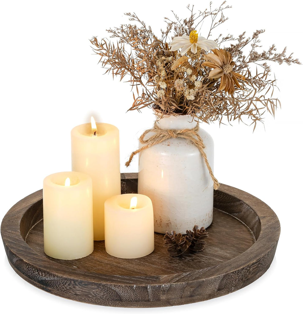Farmhouse Wooden Candle Tray - 11 Inch Round Decorative Trays for Coffee Table Dining Centerpiece Kitchen Counter