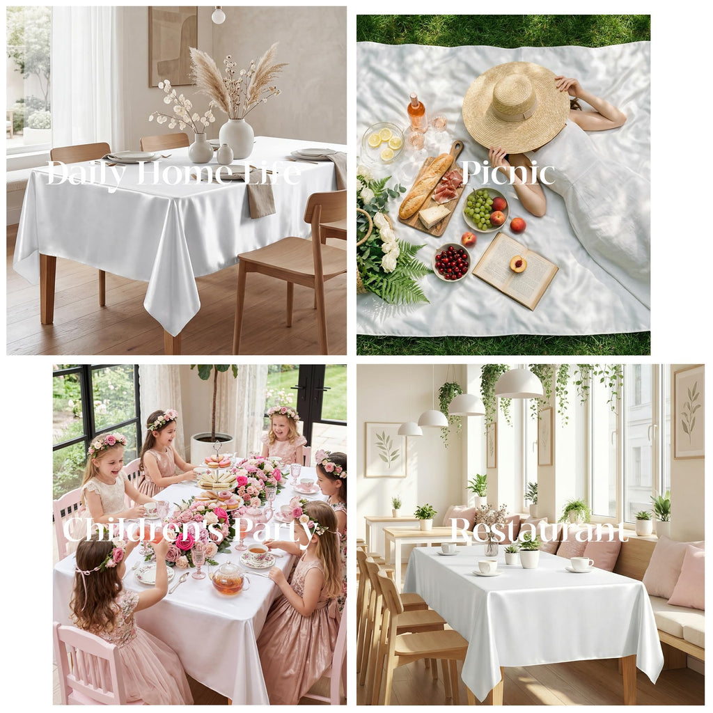 4 Pack White Satin Tablecloth 58 x 102 Inch Overlay Seamless Design