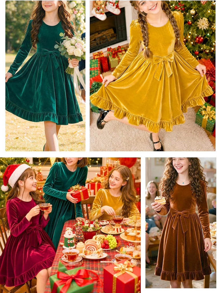 Christmas Velvet Dress Long Sleeve Bow Belt Crewneck Fall Winter Princess Wedding Flower Girl Outfit
