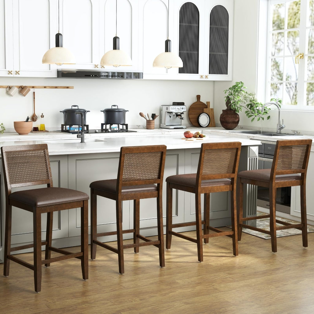 26" Rattan Bar Stools Set of 6, Farmhouse Faux Leather Upholstered Counter Height Stools with Cane Woven Back