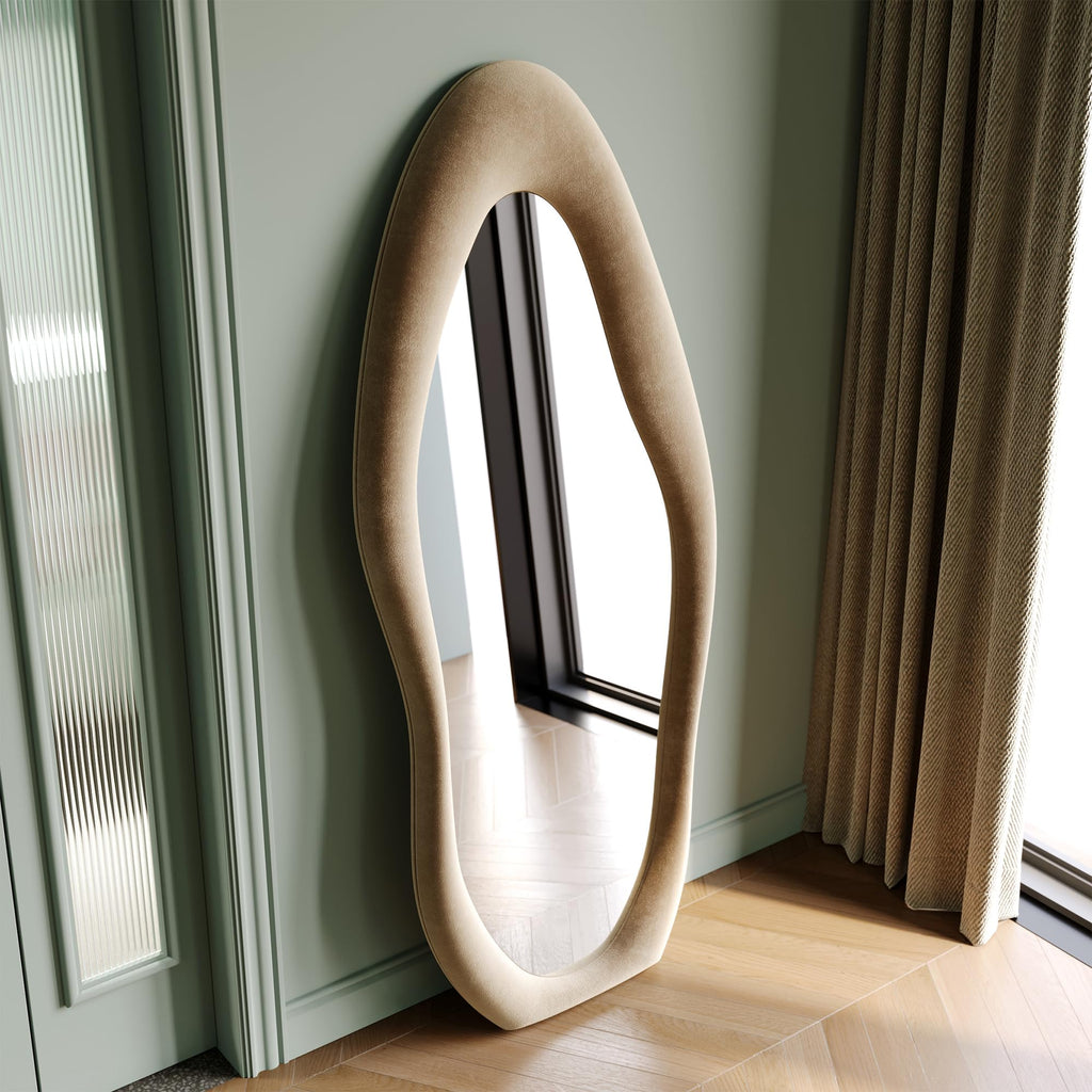 Full Length Mirror, 63" x 24" Wall Mirror, Flannel Wrapped Wooden Frame Floor Mirror, Irregular Wavy Mirror Hanging