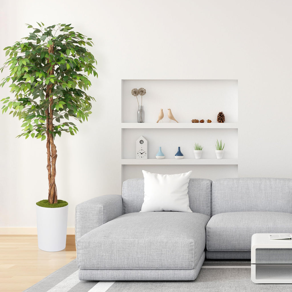 7Ft Artificial Ficus Tree in Large Tall Planter - Faux Indoor Plant with Realistic Wood Trunk - Large Tall Fake Plant