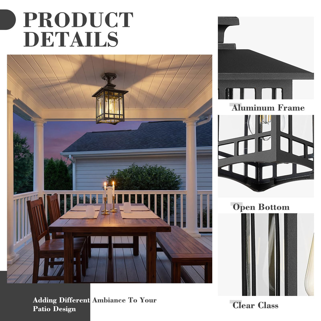 Outdoor Semi Flush Mount Ceiling Light Fixture, 15.4 Inch Black Porch Light Ceiling Mount with Clear Glass for Proch