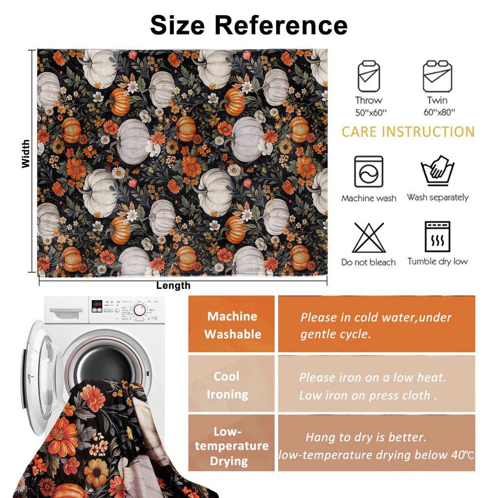 Fall Pumpkin Blanket Soft Autumn Harvest Throw Blankets Vintage Floral Throw Watercolor Flannel Fleece Bed Cover Warm
