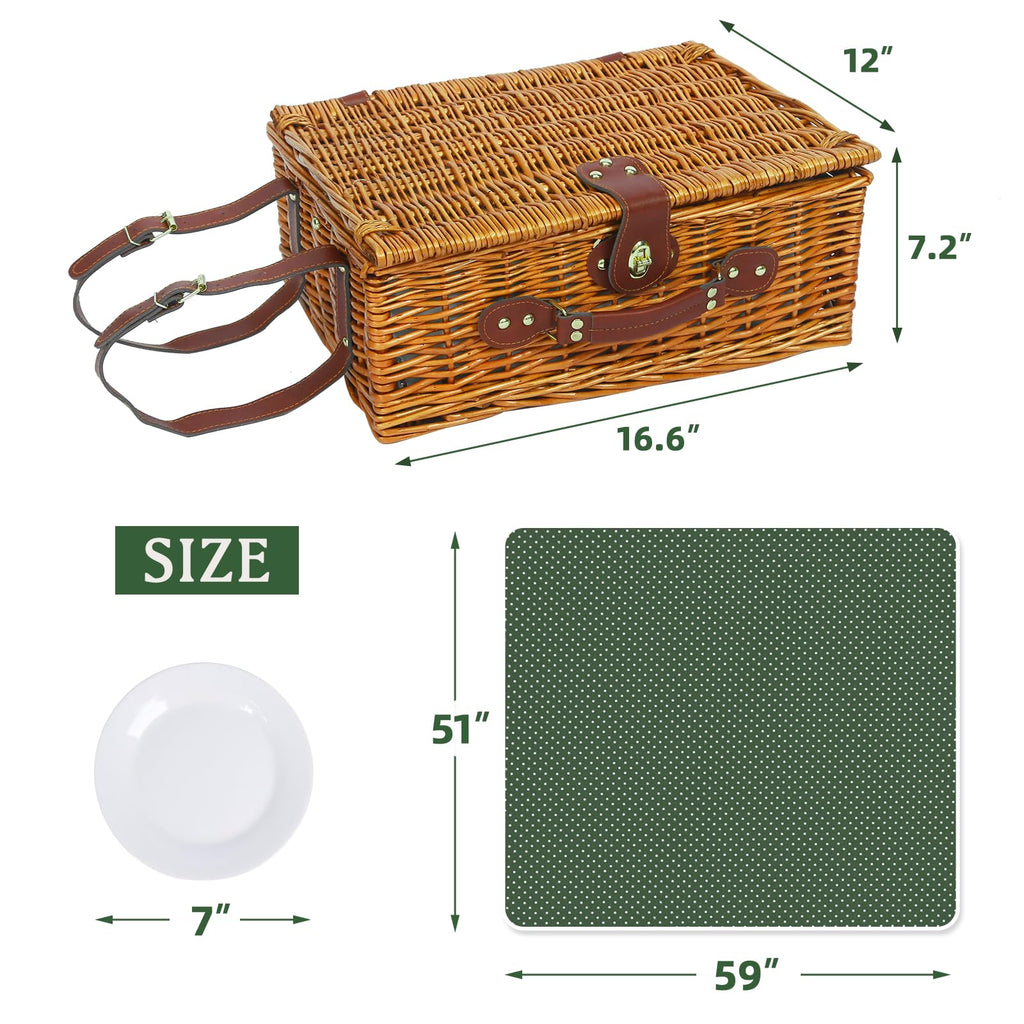 Picnic Basket for 4 Persons with Blanket, Green & White Spots