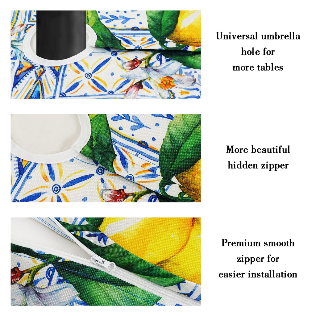 Blue Outdoor Tablecloth with Umbrella Hole for Rectangle Table, Waterproof Lemon Patio Table Cloth with Zipper - 60 x