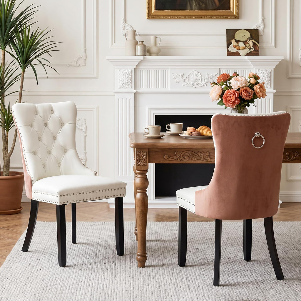 Leather Upholstered Dining Chairs Set of 4, Modern Style Kitchen Side Chairs with Nailhead Trim and Wood Leg, Metal