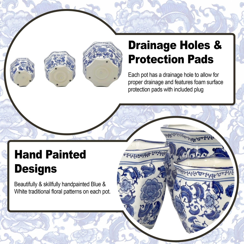 Blue & White Round Fluted Classic Floral Porcelain Ceramic Plant Flower Planter Pot Set of 3 (7.5", 10", 13") Garden