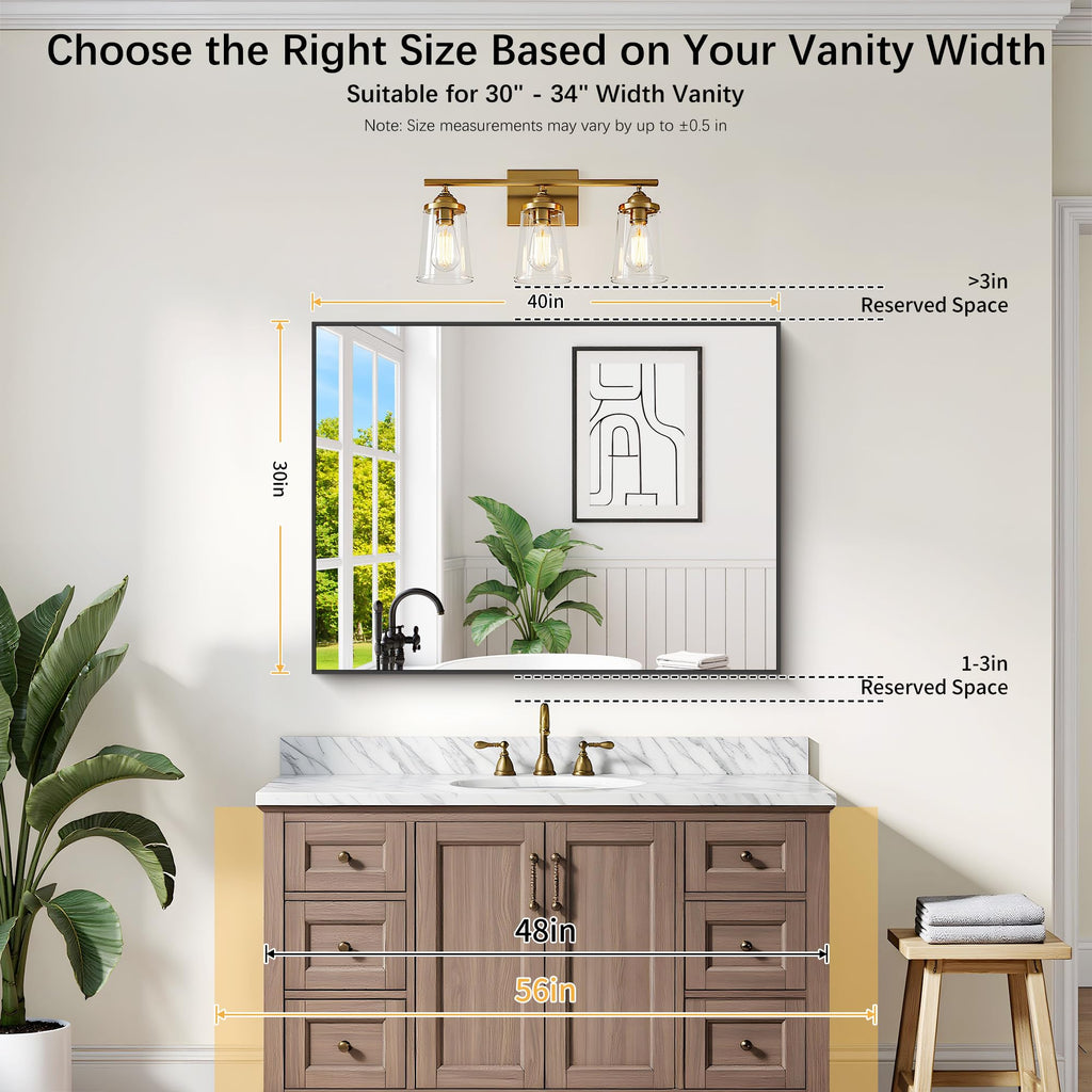 Black Bathroom Mirror for Wall, 30x40 Inch Rectangle Mirrors with Metal Frame, Modern Vanity Wall Mirror Decor Hangs