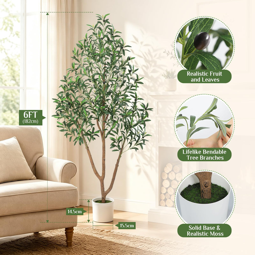 6 Ft Olive Trees Artificial Indoor with Planter, Realistic Tall Olive Tree