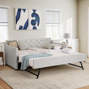 Daybed with Pop up Trundle, Fabric Upholstered Twin Size Day Bed Pull-Point Sofa Daybed Frame w/Twin Roll-Out