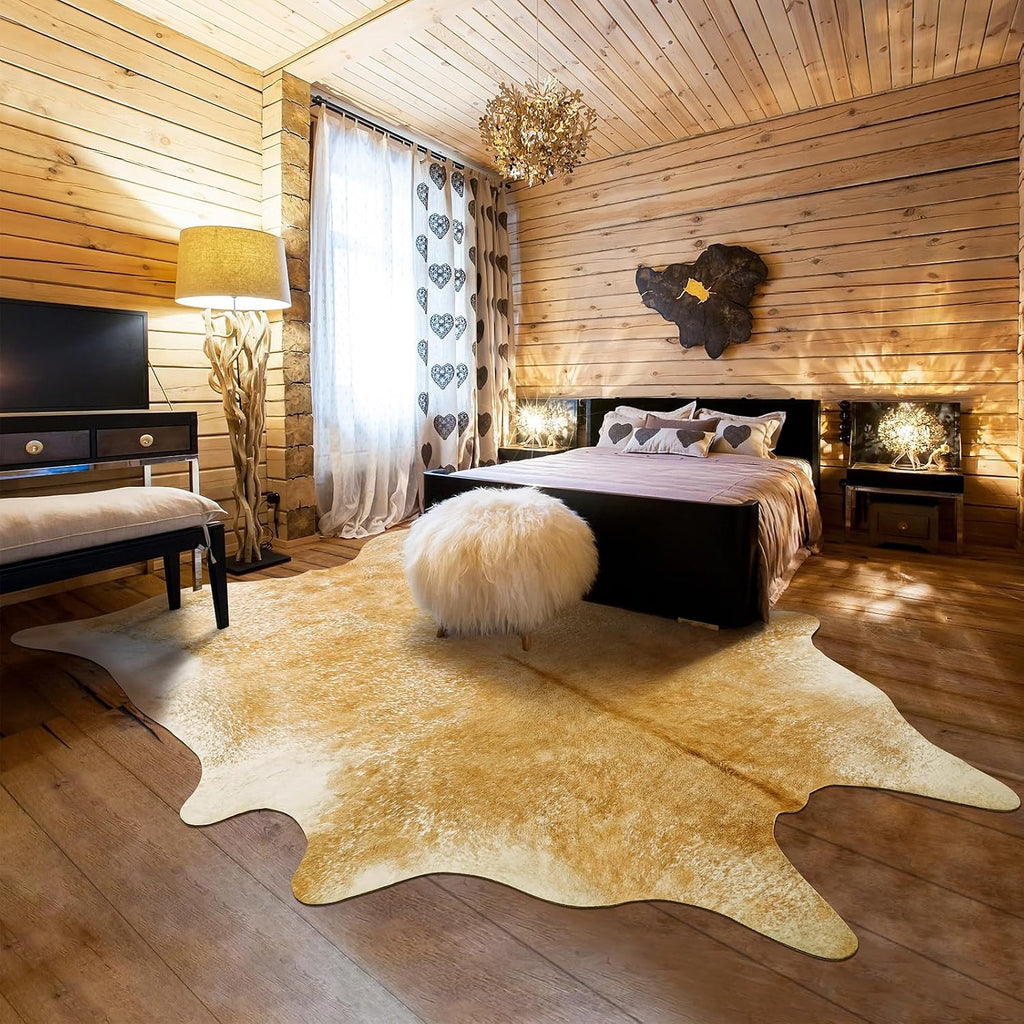 Washable Cowhide Rug , Large 6x7 Khaki Faux Cow Print Area Rugs, Non Slip Animal Sk Carpet, Rustic Western Home Decor