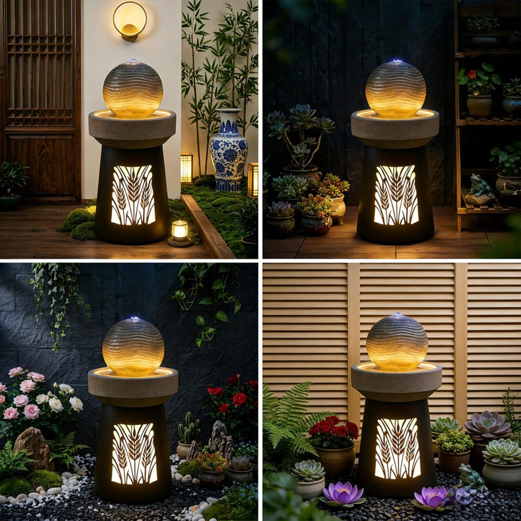 Modern Sphere Water Fountain with LED Lights and Quiet Pump, Freestanding Resin Zen Decor, Suitable , Balcony, Indoor