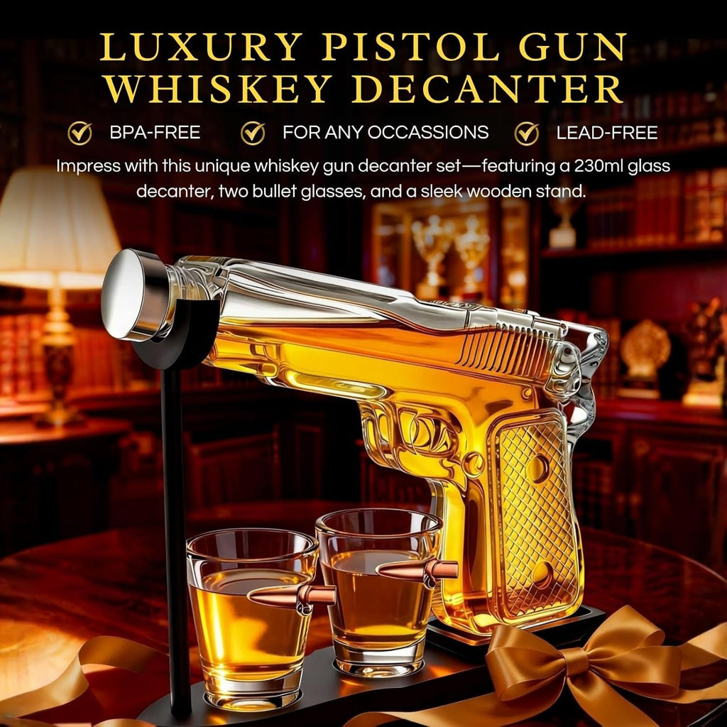 Whiskey Gun Decanter Set + 2 Bullet Glasses - Birthday Pistol Gifts for Men, Boyfriends Who Have Everything, Whiskey