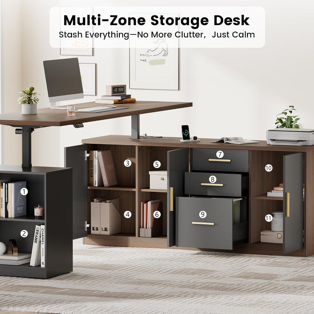 59" L Shaped Electric Standing Desk with Storage & Drawers | Adjustable Height Executive Standing Desk, One-Piece