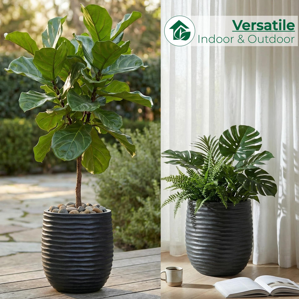 15"+11"+7.9" Dia Concrete Planter Set of 3, Wavy Textured Black Flowerpot