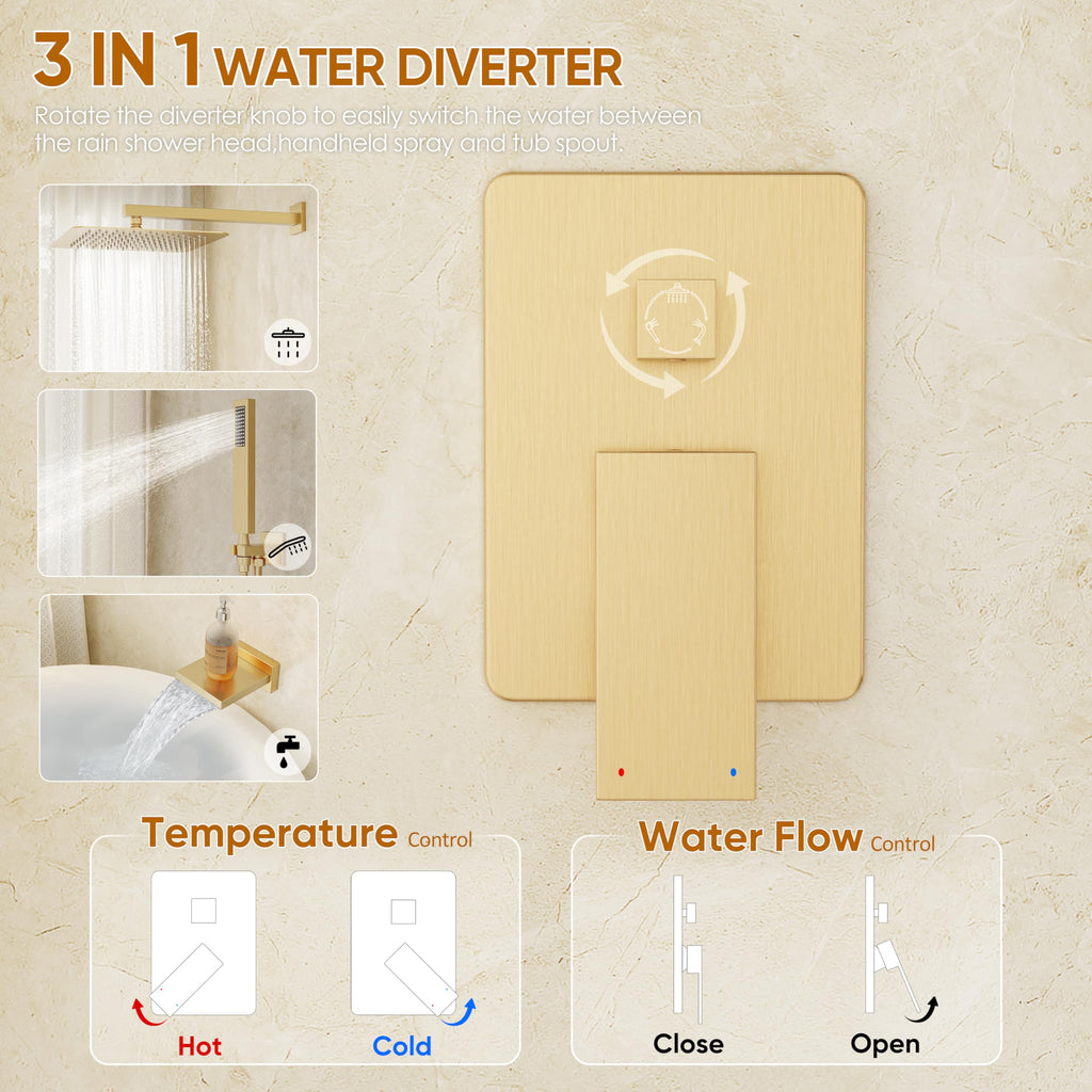 Gold Tub Shower System with 10" Rain Head, Handheld & Valve Kit