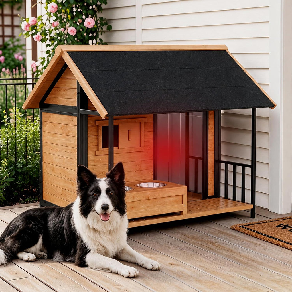 Large Dog House with Porch & Dog Bowls with Insulated Liner