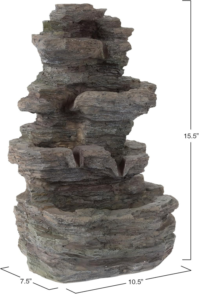 Tabletop Waterfall Fountain with Cascading Rock and LED Lights - Resin Tiered Stones Decor by (Gray)