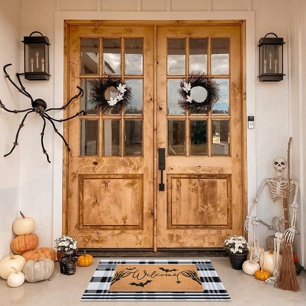 Halloween Welcome Door Mat Combo Set, Skeletal Hand Coco Coir Doormat -28" x 43" Black and White Striped Rug, Autumn