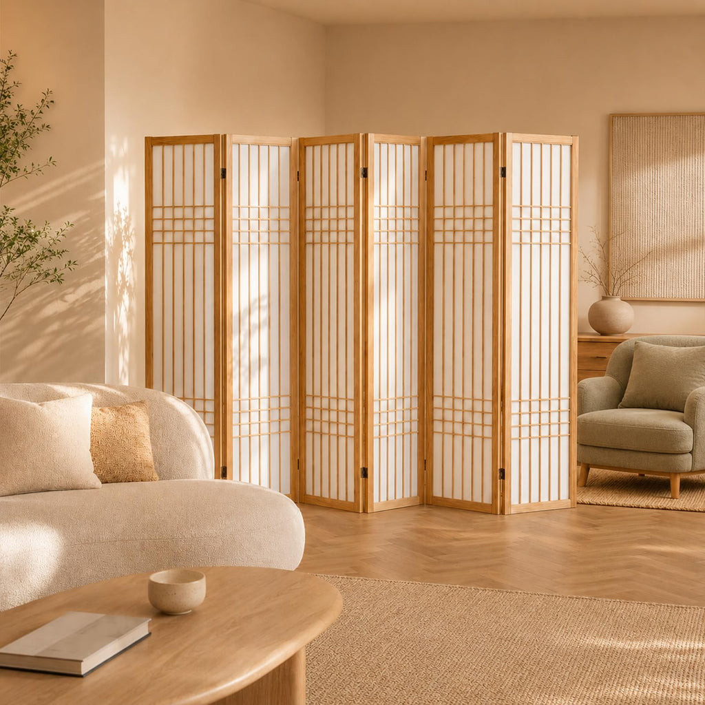 6 Panel Room Divider Folding Privacy Screen Light Brown