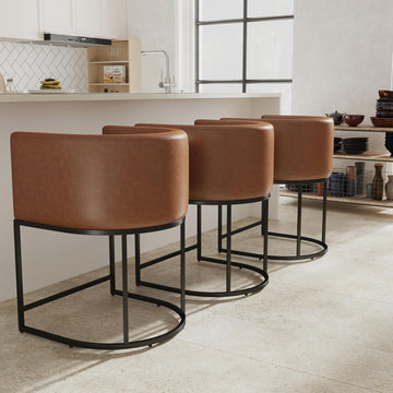 PU Leather Bar Stools Set of 3, Modern Upholstered Counter Height Bar stools 24" Leather Barstools Barrel