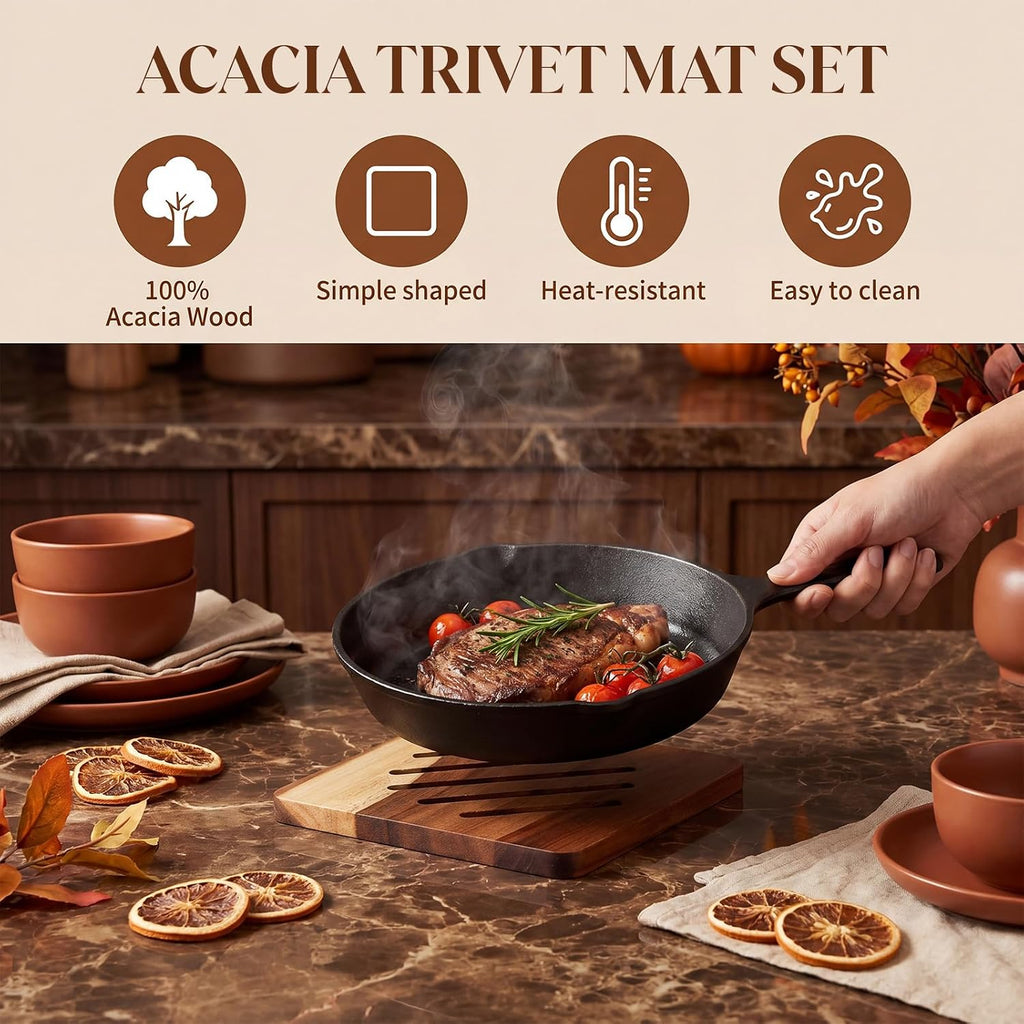 Acacia Trivet Mat and Trivet Holder Set 5.8 inch 7 inch Thicken Acacia Wood Hot Pads Trivets Heat Resistant - Set of 5